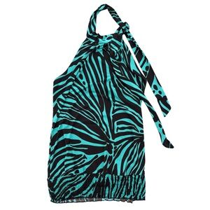 Charlotte Russe Y2K Zebra Animal Print Halter Top Tie Neck Turquoise Size S